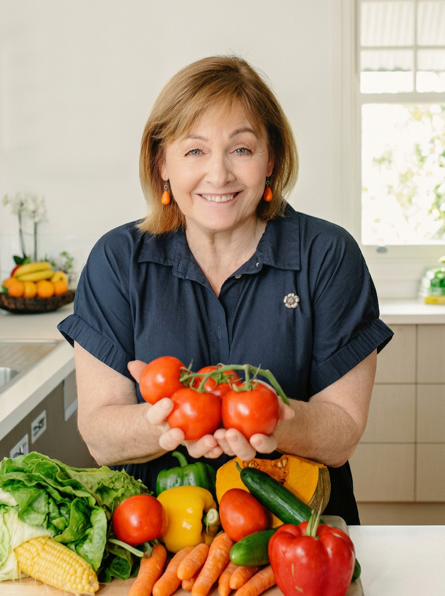 Dorelle Thompson, Accredited Practising Dietitian, in her Brisbane kitchen with fresh produce